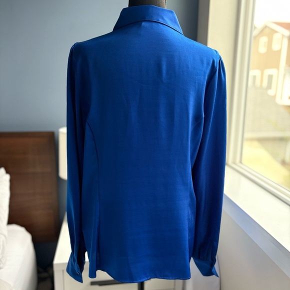 DKNY Blue Satin Button Down Hidden Button Long Sleeve Shirt - Office Siren - Picture 7 of 17
